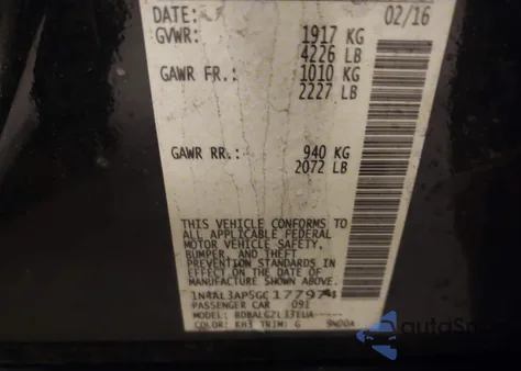 2016 Nissan Altima 2.5/2.5 S/2.5 Sl/2.5 Sr/2.5 Sv z USA, uszkodzony, nr VIN 1N4AL3AP5GC177974